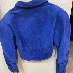 Crop top blue leather jacket with fringes
